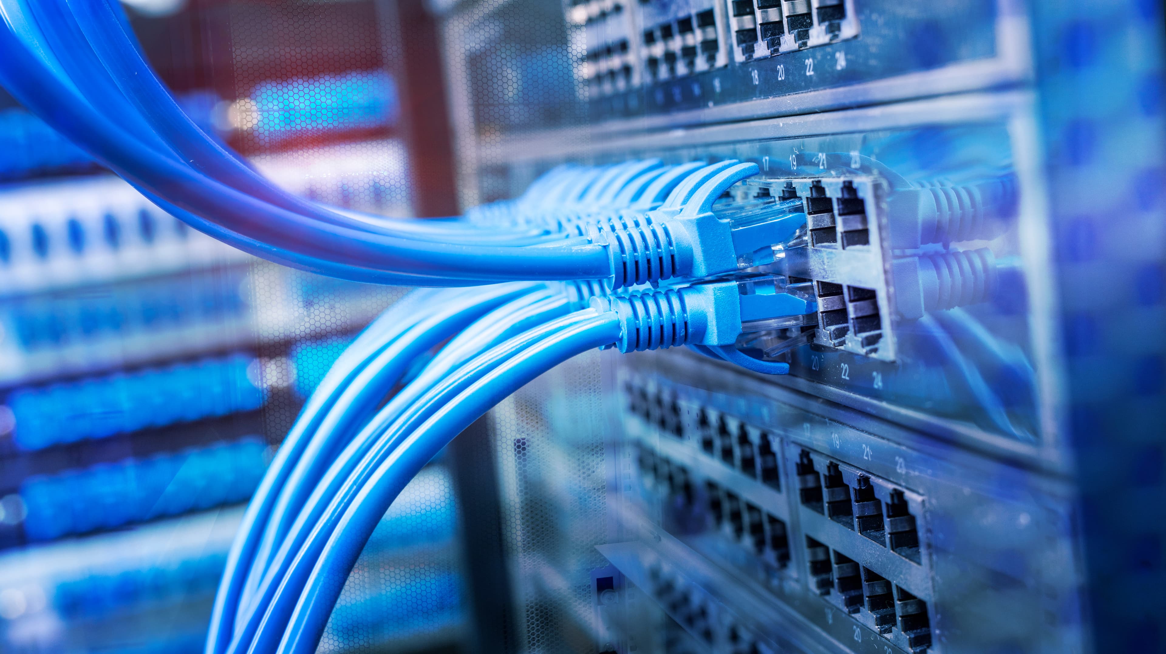 Ethernet-Kabel und Netzwerk-Switch für strukturierte Netzwerkverkabelung